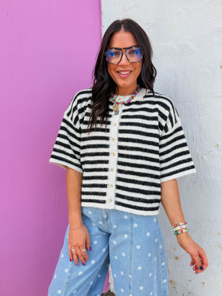 Gwen Striped Knit Top-Black