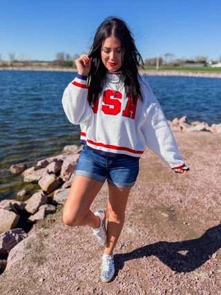 USA Varsity Mock Neck Sweatshirt-White