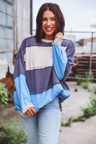 Ryleigh Color Block Pullover-Grey/Blue