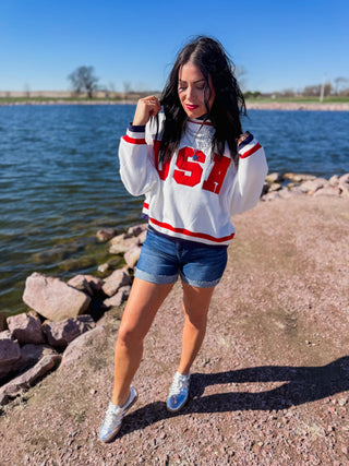 USA Varsity Mock Neck Sweatshirt-White