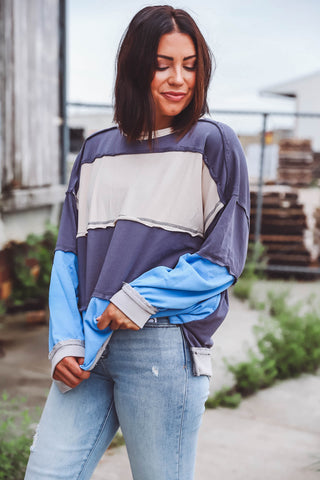 Ryleigh Color Block Pullover-Grey/Blue