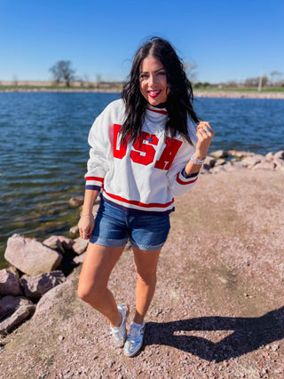 USA Varsity Mock Neck Sweatshirt-White