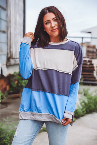 Ryleigh Color Block Pullover-Grey/Blue