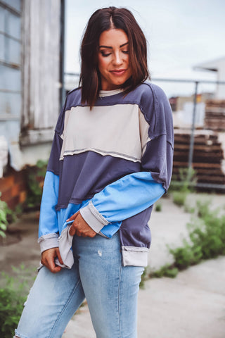 Ryleigh Color Block Pullover-Grey/Blue