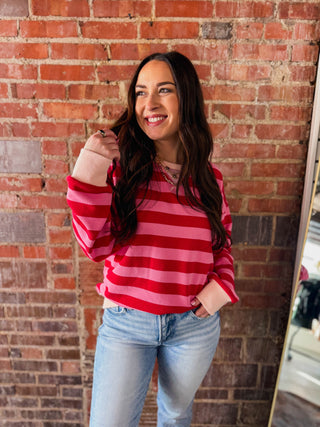 Play It Cool Striped Pullover-Red/Pink