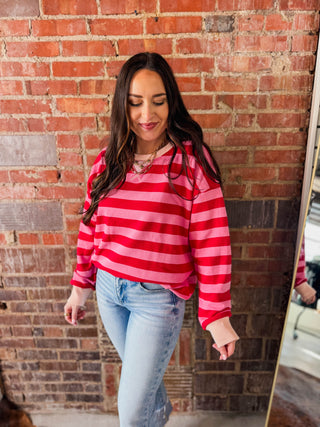 Play It Cool Striped Pullover-Red/Pink