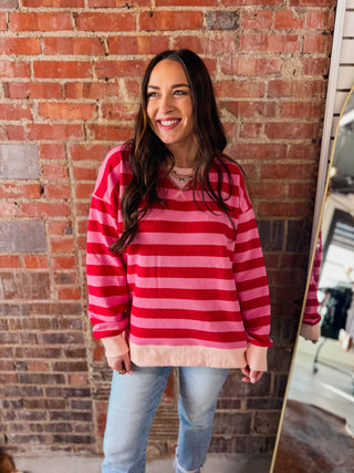 Play It Cool Striped Pullover-Red/Pink