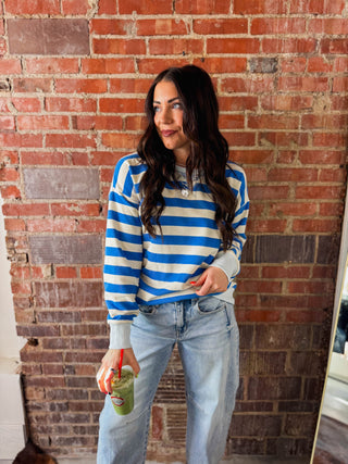 Play It Cool Striped Pullover-Ocean Blue