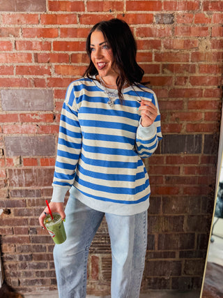 Play It Cool Striped Pullover-Ocean Blue