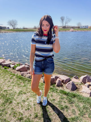 Caitlin Striped Tee-Navy