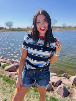 Caitlin Striped Tee-Navy