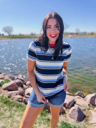 Caitlin Striped Tee-Navy