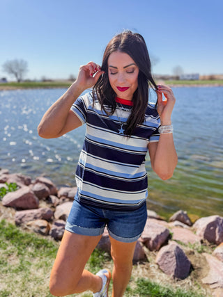Caitlin Striped Tee-Navy