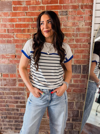 Jen Striped Top-Ivory/Royal