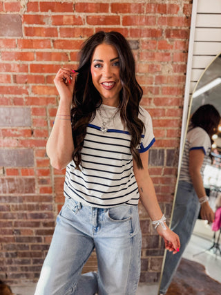 Jen Striped Top-Ivory/Royal