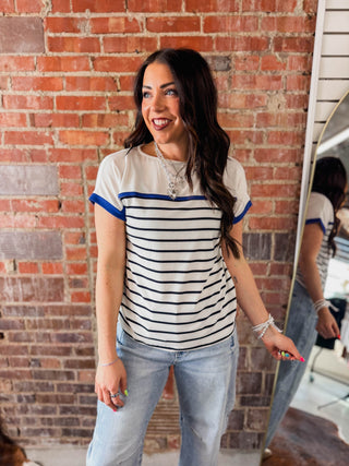 Jen Striped Top-Ivory/Royal