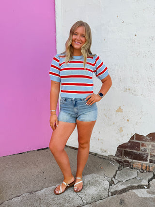 Avery Striped Knit Top-Blue/Red