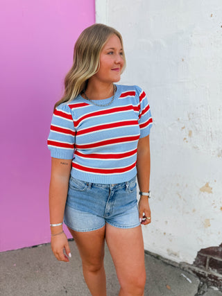 Avery Striped Knit Top-Blue/Red