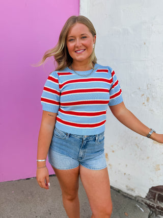 Avery Striped Knit Top-Blue/Red