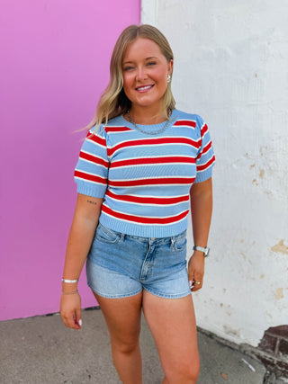 Avery Striped Knit Top-Blue/Red