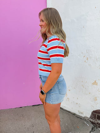 Avery Striped Knit Top-Blue/Red