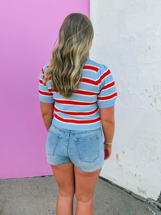 Avery Striped Knit Top-Blue/Red