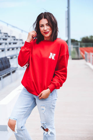 Nebraska Barkley Split Sleeve Crewneck-Red