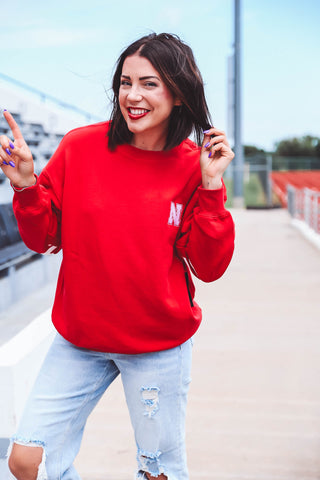 Nebraska Barkley Split Sleeve Crewneck-Red