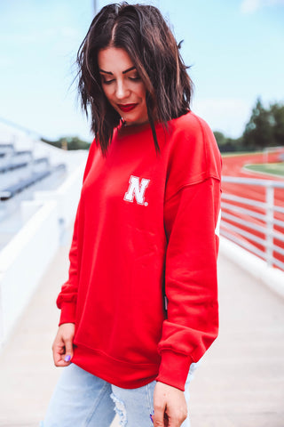 Nebraska Barkley Split Sleeve Crewneck-Red