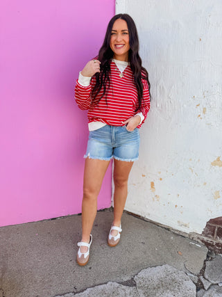 Easy Day Striped Pullover-Ruby