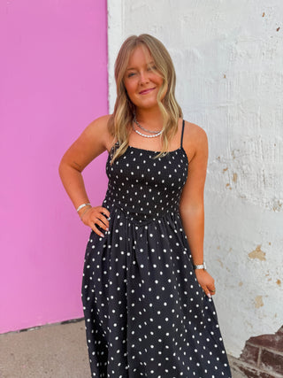 Olivia Polka Dot Midi Dress-Black