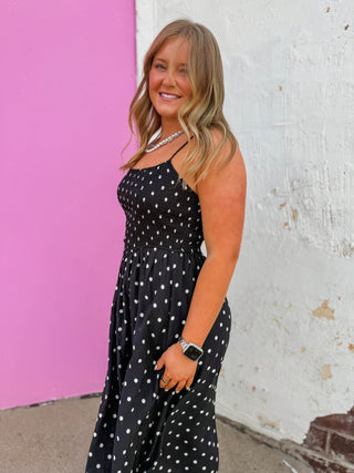 Olivia Polka Dot Midi Dress-Black