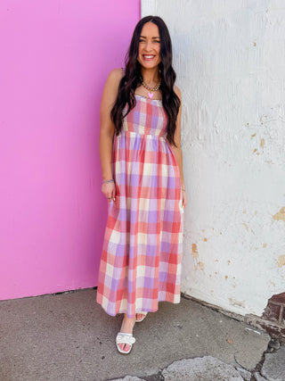 pink plaid midi dress Katie Pink Plaid Two-Piece Midi Dress Pink / L