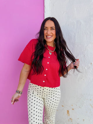 Camden Striped Button Down Tee-Cherry/Pink