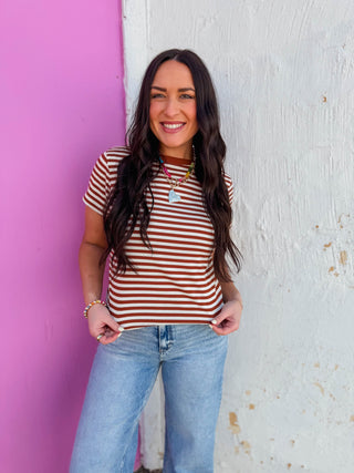 Aiden Striped Tee-Espresso/White