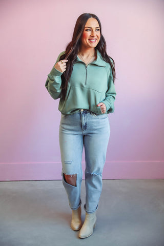 Hazel Quarter Zip-Sage Green