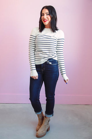 Kayla Striped Sweater-Ivory/Navy