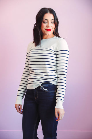 Kayla Striped Sweater-Ivory/Navy