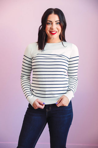 Kayla Striped Sweater-Ivory/Navy