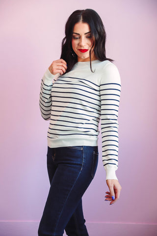 Kayla Striped Sweater-Ivory/Navy