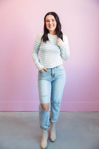 Kayla Striped Sweater-Ivory/Chambray