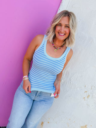 Cool Girl Striped Tank-Serene Blue