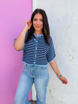 Blakely Striped Knit Top-Navy