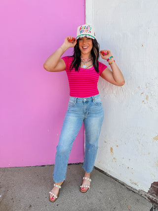 Chill Day Striped Tee-Fuchsia