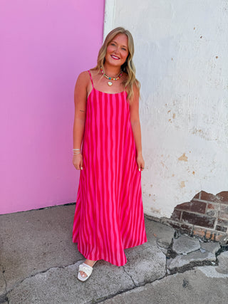 Uptown Striped Midi Dress-Red