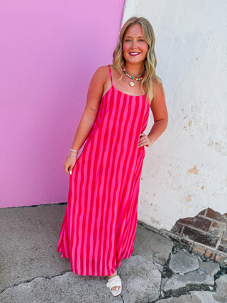 Uptown Striped Midi Dress-Red