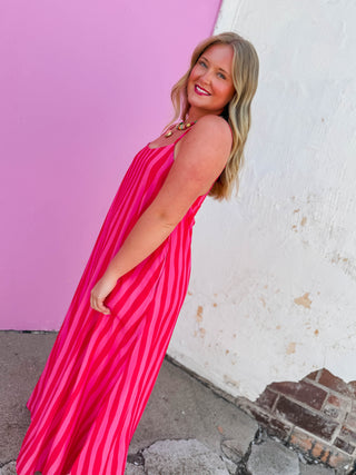 Uptown Striped Midi Dress-Red