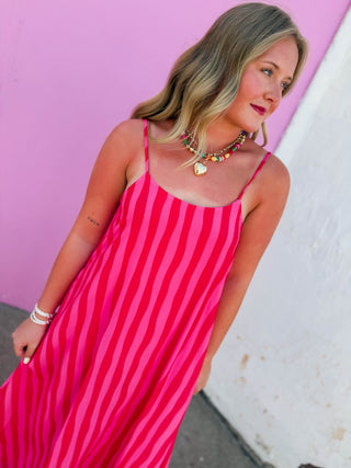 Uptown Striped Midi Dress-Red
