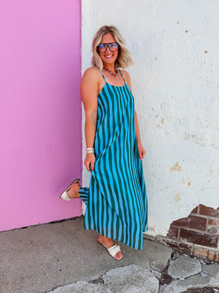 Uptown Striped Midi Dress-Blue