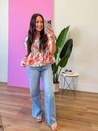 Summer Breeze Floral Top-Mint/Red